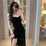2023 Vintage Women Dress Spaghetti Strap Slit Velvet Black Dress Sexy Bodycon Bandage Dress Midi Party Dress Verano
