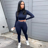 Winter Casual Two 2 Piece Set Sweatsuits Tracksuit For Women Outfits Turtleneck Crop Top Pants Suits Black Matching