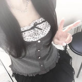 Wind Holiday Two Wave Point Square Collar Spliced Button Blouse Girl 2024 Collision Color Small Bow Knot Wooden Ear T-Shirt-Outfit