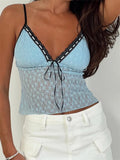 Retro Women Camis Sleeveless Strap Tops V-neck Tie-up Lace Patchwork See-through Slim Fit Summer Party Mini Vest 2024-Outfit