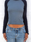 Vintage Patchwork Ribbed T-shirt Women Autumn Casual O-Neck Long Sleeve Tee Shirt Retro Streetwear Y2K T Shirts Tops-Outfit