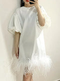 Casual Loose Dress For Women Round Neck Long Sleeve Patchwork Feathers Hem Mini Dresses Female Clothing Style