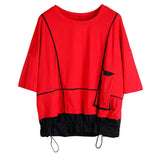 Women Red Pocket Split Joint Big Size T-shirt New Round Neck Three-quarter Sleeve Fashion Tide Spring Summer 2023