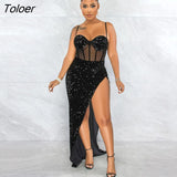 Sling Strap Sequin Sheer Mesh Patchwork Long Skinny Dress Sexy Split Party Dresses Vintage Vestidos Birthday Dress