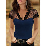Summer Womens Tops Fashion Short Sleeves V-neck Blouse Lace Stitching Sexy Shirts Soft Casual Slim Blouse