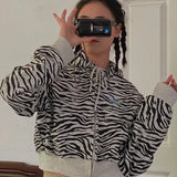 Deeptown Zebra Print Zip Up Hoodie Women Vintage Stripe Crop Top Korean Style 2021 Autumn Long Sleeve Sweatshirt Y2k Chic