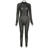 Leopard Print Mesh Skinny Jumpsuit Women One Shoulder Sleeveless Patchwork Fitness Party Activewear Basic Wild Female