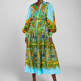 Women's Retro Printed Lantern Sleeves Waist Swing