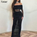 See Through Party Even Bodycon Black Mesh Dress 2023 Off the Shoulder Long Sleeve Evening Dresses Womens Sexy Maxi