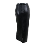 Women Spring Autumn Sexy Skirt, Adults Slim-fit Solid Color High Waist Sllim Slit Leather Skirt (Black, White)-Outfit