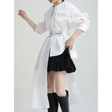 Women Green Pleated Irregular Long Blouse New Lapel Half Sleeve Loose Fit Shirt Fashion Tide Spring Summer 2023