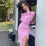 Free Shipping 2022 Women's Casual Knit Skirt Set Lapel Long Sleeve Turtleneck Short Knit Sweater & Split Midi Skirt 2-Piece