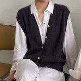 Knitted Sweater Vest Women Stretchy Simple Basic Daily V-neck Solid Open-stitch Female Korean