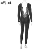 Winter Sparkling Black Bodycon Jumpsuits Women Sexy One Piece Club Outfits For Women Deep V Neck Long Sleeve
