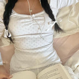 Style Small Lace Pleated Square Collar Short-Sleeved T-Shirt Ins Girls Fresh Wear Bare-Back Blouse 2024-Outfit