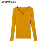 WOTWOY Buttons-up Ribbed Knitted Sweater Women Basic Solid Slim Fit Autumn Winter Pullovers Female 2021 Casual Jumper Knit