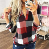 Size Women's Blouse Shirts Autumn Long Sleeve V-neck Loose Tops Elegant Ladies Office Blouses Womens Plaid Tops and