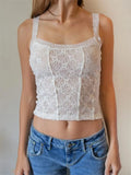 Sexy Women Summer Slim Fit Tank Tops Sleeveless Strap Backless Low Cut Lace Floral Short Mini Vest See Through Camis-Outfit