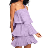 Women One Shoulder Mini Dress Summer Clothes Sleeveless Ruffle Tiered Layered Pleated A Line Flowy Hem Dress Sexy Streetwear-Outfit