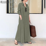 Elegant Printed Shirt Dress Women's Autumn Sundress ZANZEA Casual Long Sleeve Maxi Vestido Female Lapel Button
