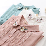New Fine Women's Tops Flowers Embroidery Shirts Woman Long Sleeve Blouse White Green Lady Loose Cotton Shirts