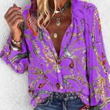 Lady Vintage Blouse Women Spring Autumn Chain Print Long Sleeve Loose Shirt Tops Single-breasted Overtsized