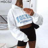 2022 Letters Printed Women's Cropped Hoodie Sweatshirt White Long Sleeve Oversized Hoodie Pullover Short Hooded Sweatshirt