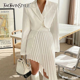 Casual White Two Piece Set For Women Notched Long Sleeve Blazer High Waist Irregular Hem Skirt Female Korean