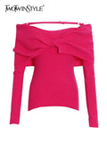 High Street Slim White Sweater For Women Slash Neck Long Sleeve Solid Knitting Pullover Female Clothing Fashion