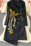 Fashion Designer Black Dresses Spring Autumn Women's Embroidery Elegant Asymmetrical Dresses Femme