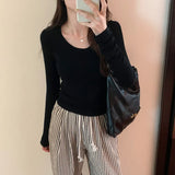 Round-Neck Ins Long-Sleeved Blouse Women's New Autumn Solid Color Cashmere Basic Slim Bottomed Blouse-Outfit