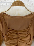 Autumn Sexy Black/Brown Draped Mesh Bodycon Dress Women Elegant Square Collar Long Sleeve High Waist Club Party Vestidos