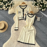 Fragrant Style High-End Set Of Women's Autumn Fashion Crash Round-Neck Long-Sleeved Knitted Shirt Sleeveless Vest