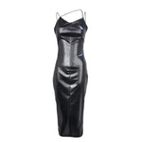 Toloer 2024 Hot Style Sexy Sling Waist Show Thin Bag Hip Slit PU Dress Female Nightclub Clothes-Outfit