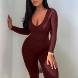 Fall Summer White Black Sexy Bodycon Jumpsuit Women V Neck Ruched Long Sleeve Winter One Piece Outfits 2021 Brown