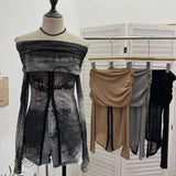 Picts Single-Layer Mesh Yarn Micro-Sleeved T-Shirt Word Shoulder-Pollid Letter Open Fork Top
