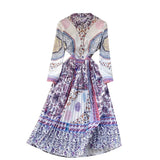Flower Print Pleated Shirt Dress Turn Down Collar Long Sleeve A Line Midi Dress Spring Autumn Women's Clothing