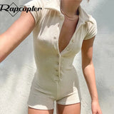 Solid Playsuits Single-Breasted Short Sleeve Bodysuits Vintage Biker Overalls Women Turn Down Collar Jumpsuits