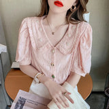 Short Puff Sleeve Summer Blouses Blusas Korean Beading Peter Pan Collar Shirts Women Tops Loose Kawaii Clothing