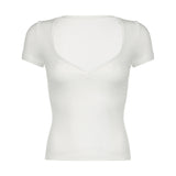 Girls Sexy V-Collar Lace Stitching Solid Color Short-Sleeved Basic Casual Short-Sleeved Blouse 2024 Summer New Style-Outfit