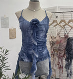 Asymmetrical Lotus Leaf Side Flower V-Neck Sling Vest Dyed Mesh Cross-Sleeveless Top