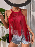 Women's Hot-Selling Solid Color Sleeveless Neck Top Ladies' Fashionable Tassel Beach Swimsuit-Outfit
