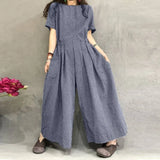 Women Rompers Summer Wide Leg Overalls Vintage Plaid Short Sleeve Jumpsuits Casual Back Zip Playsuits