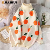 2022 Autumn Winter Sweaters Pullover Cherry Pattern Long Sleeve Sweater Women Turtleneck Knitted Jumpers Sweater