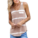 Summer Women Striped Vest Top Pocket Sleeveless Tie Dye Casual Tank Tops Fashion Sexy Beach Loose Tops Tees Female