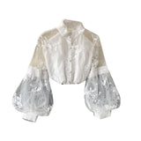 Retro Mesh Lace Blouse Women's Collar Three-Dimensional Embroidered Bubble Sleeve Court Style Slim Shirt