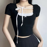 And Spicy Girls With Square Neckties And Bows Knit Short-Sleeved Blouse Girl's Pleated Spliced T-Shirt-Outfit