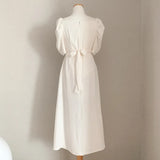 V-neck Slim Waist Women Dress Elegant Puff- Sleeve White Female A-line Dress 2023 Summer Party Vestidos Femme Maxi