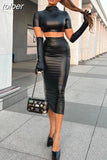 Summer Sexy Solid Faux Leather Crop Top And Long Skirt Sets Club Outfit For Women 2023 Black PU 2 Two Piece Sets