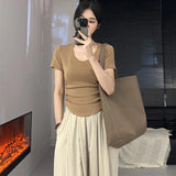 New Summer Design Feel U-Collar Short-Sleeved T-Shirt Women Fold Slim Look Thin Inside A Solid Color Short-Style Blouse-Outfit